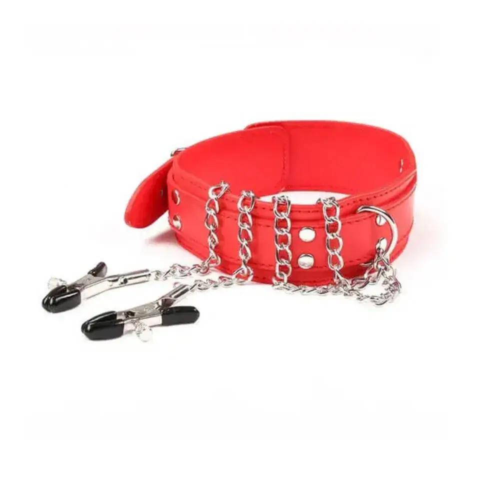 BỘ VÒNG CỔ KÈM DÂY XÍCH VÀ KẸP VÚ (ĐỎ) - Ảnh 2